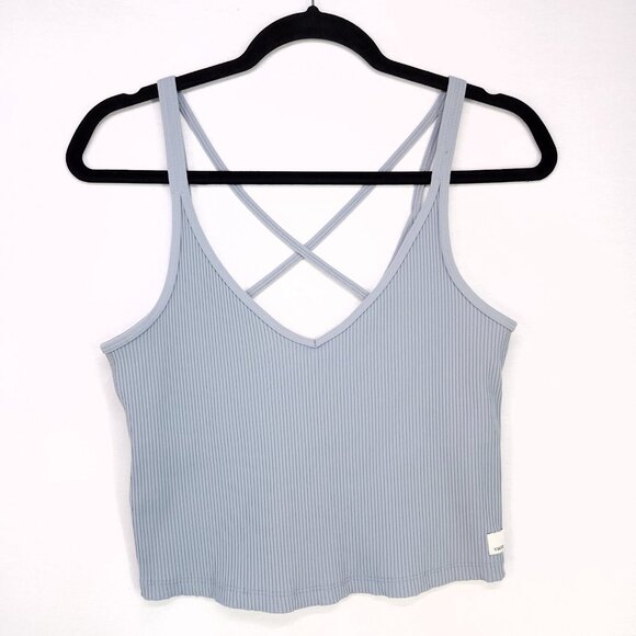 Vuori Ribbed Crop Tank Top Size Medium Gray Stretch Strappy Back Built In Bra - Picture 1 of 11